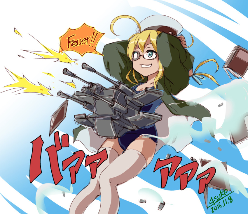 10s 1girl 2015 4suke ahoge aqua_eyes arms_behind_head artist_name blonde_hair blue_eyes book commentary_request dated female_focus firing german_text glasses grin gun hair_ribbon hat i-8_(kancolle) jacket jojo_no_kimyou_na_bouken jojo_pose kantai_collection long_hair long_sleeves low_twintails machine_gun one-piece_swimsuit parody peaked_cap ribbon rudolph_von_stroheim sailor_hat school_swimsuit semi-rimless_eyewear smile solo swimsuit teeth thighhighs trait_connection twintails under-rim_eyewear weapon white_ribbon white_thighhighs zettai_ryouiki