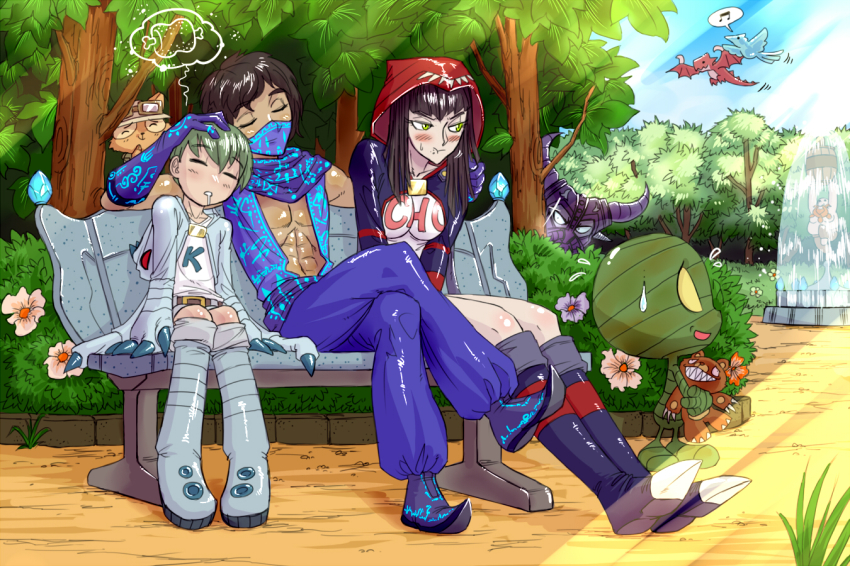 2boys 2girls amumu anivia bench cho&#039;gath drooling closed_eyes fountain gender_request genderswap gragas kassadin kog&#039;maw league_of_legends long_hair malzahar multiple_boys multiple_girls park personification ranger_squirrel shyvana sleeping stuffed_animal stuffed_toy teddy_bear teemo tibbers