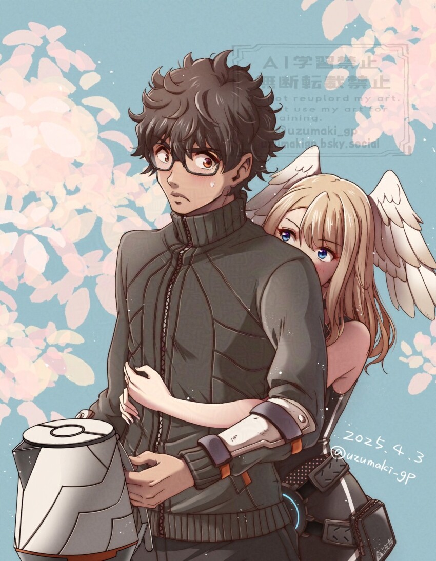 1boy 1girl artist_name black-framed_eyewear black_hair black_sweater blue_eyes blue_sky blush brown_eyes brown_hair commentary_request dark-skinned_male dark_skin dated eunie_(xenoblade) glasses head_wings highres holding holding_kettle hug hug_from_behind kettle long_hair outdoors short_hair sky sweat sweater taion_(xenoblade) turtleneck turtleneck_sweater uzumaki_(skydirt) watermark wings xenoblade_chronicles_(series) xenoblade_chronicles_3 zipper