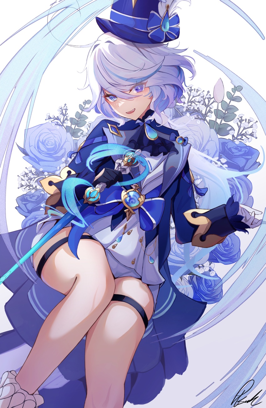 1girl absurdres ahoge artist_name ascot asymmetrical_gloves black_gloves blue_ascot blue_bow blue_eyes blue_flower blue_gemstone blue_hair blue_hat blue_jacket blue_rose blue_shirt bow branch buttons collared_jacket drop-shaped_pupils eyes_visible_through_hair feathers feet_out_of_frame flower furina_(genshin_impact) gem genshin_impact gloves gold_trim gradient_hair grey_hair hair_between_eyes hat hat_bow hat_feather hat_ornament heterochromia highres holding holding_sword holding_weapon jacket leaf long_hair long_sleeves looking_at_viewer mismatched_gloves mismatched_pupils multicolored_hair open_clothes open_jacket open_mouth pink_flower pisuke_(user_kcmh2774) purple_eyes rose shirt shorts sidelocks simple_background sitting smile socks solo sword symbol-shaped_pupils teeth thigh_strap top_hat two-tone_hair vest vision_(genshin_impact) weapon white_background white_gloves white_shorts white_socks white_vest