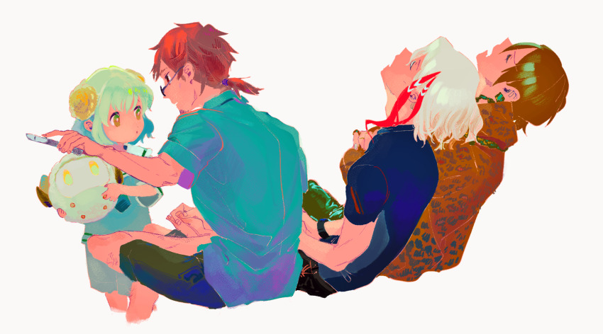 4boys apollo_(fate) blue_shirt brown_hair fate/grand_order fate_(series) green_hair hector_(fate) highres holding holding_pen jason_(fate) looking_at_another male_focus multicolored_hair multiple_boys odysseus_(fate) paris_(fate) pen qmiqun shirt simple_background sitting streaked_hair watch white_background wristwatch