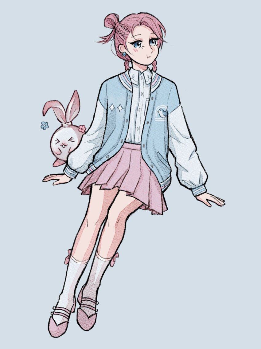 &gt;_&lt; 1girl :t animal_print ankle_socks bird_print blue_background blue_eyes blue_jacket blue_shirt blushbunny bow bow_legwear braid buttons casual closed_mouth collared_shirt commentary earrings english_commentary eyelashes flower flower_earrings full_body hair_bun hair_ribbon high_heels highres infinity_nikki invisible_chair jacket jersey jewelry light_blush long_hair long_sleeves looking_to_the_side miniskirt nikki_(nikki) nikki_(series) nxnjakat open_clothes open_jacket pink_bow pink_hair pink_ribbon pink_shoes pink_skirt pleated_skirt pocket pout pumps rabbit ribbon shirt shoes side_braids simple_background single_hair_bun sitting skirt socks solo twin_braids white_socks