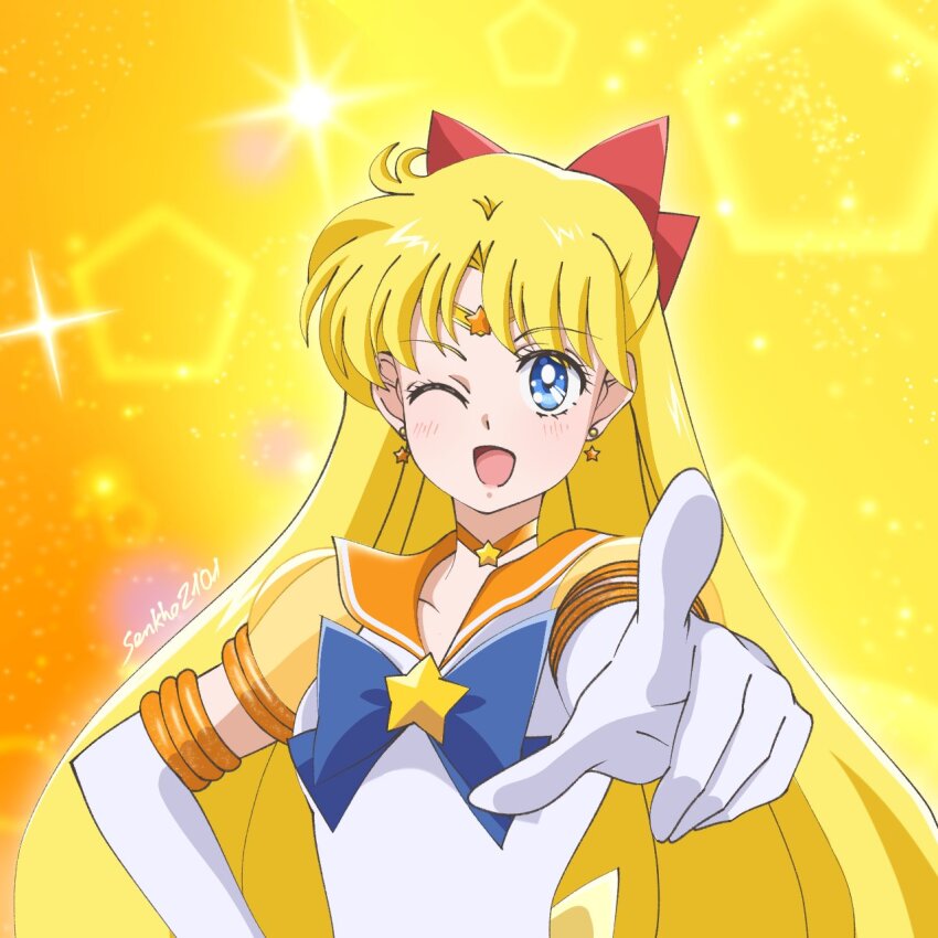 1girl aino_minako bishoujo_senshi_sailor_moon blonde_hair blue_eyes blush bow earrings highres jewelry long_hair looking_at_viewer magical_girl one_eye_closed red_bow sailor_venus senkho2101 super_sailor_venus_(stars) upper_body very_long_hair wink
