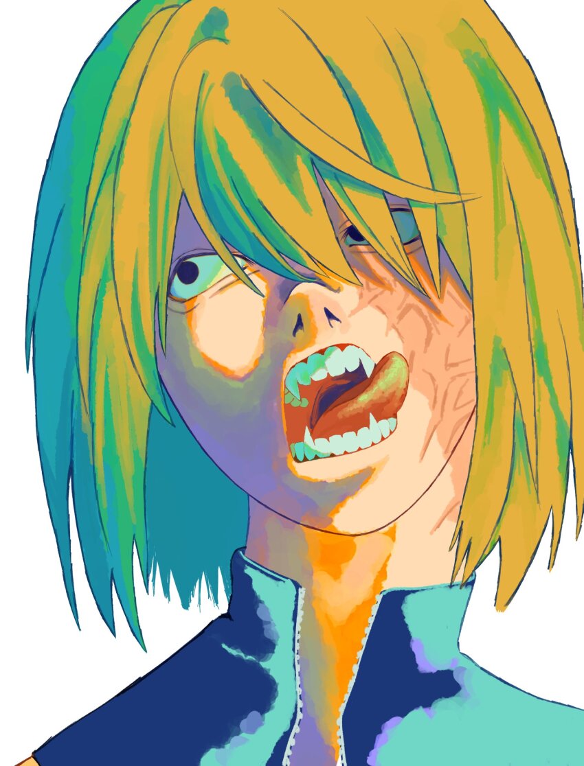 0ki4doll 1boy aegyo_sal blonde_hair bob_cut death_note fangs highres mello_(death_note) no_eyebrows sanpaku scar solo teeth tongue tongue_out white_background