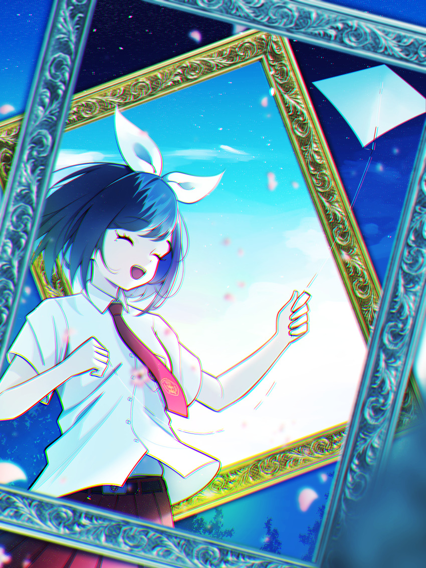 1girl absurdres belt black_belt blue_hair chromatic_aberration closed_eyes collared_shirt falling_petals floating_hair hairband highres indonesian_clothes indonesian_elementary_school_uniform ji-rex kite medium_hair mole mole_under_eye necktie open_mouth original petals picture_frame pleated_skirt red_necktie red_skirt school_uniform shirt short_sleeves skirt solo square-end_necktie teeth upper_body upper_teeth_only white_shirt