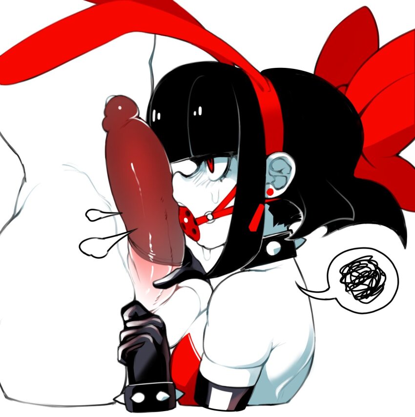 2boys animal_ears ball_gag black_gloves black_hair blunt_bangs bob_cut bracelet breasts collar condom condom_on_penis dizzyspells ear_piercing elbow_gloves eyelashes gag gloves highres jewelry leotard multiple_boys original penis piercing playboy_bunny rabbit_ears red_eyes red_leotard scythe_(dizzyspells) sidelocks simple_background small_breasts spiked_bracelet spiked_collar spikes spoken_squiggle squiggle white_background yaoi