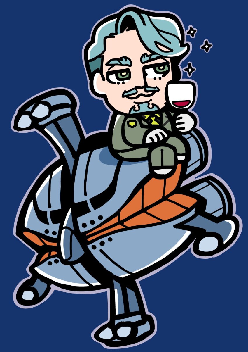 1boy :3 alcohol bkub blue_background challia_bull crossed_legs cup drinking_glass facial_hair gloves goatee green_eyes green_jacket green_pants grey_gloves grey_hair grey_outline grey_shoes gundam gundam_gquuuuuux highres jacket kikeroga_(gquuuuuux) looking_to_the_side male_focus mustache outline pants shoes simple_background sitting smile spacecraft sparkle thick_eyebrows wine wine_glass