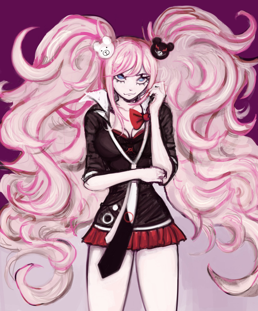 1girl absurdres bear_hair_ornament black_jacket blue_eyes bow breasts cleavage closed_mouth commentary danganronpa_(series) english_commentary enoshima_junko hair_ornament hand_in_own_hair hand_on_own_elbow highres jacket long_hair luzmint medium_breasts miniskirt necktie pink_hair red_bow red_skirt skirt smile solo twintails two-tone_necktie