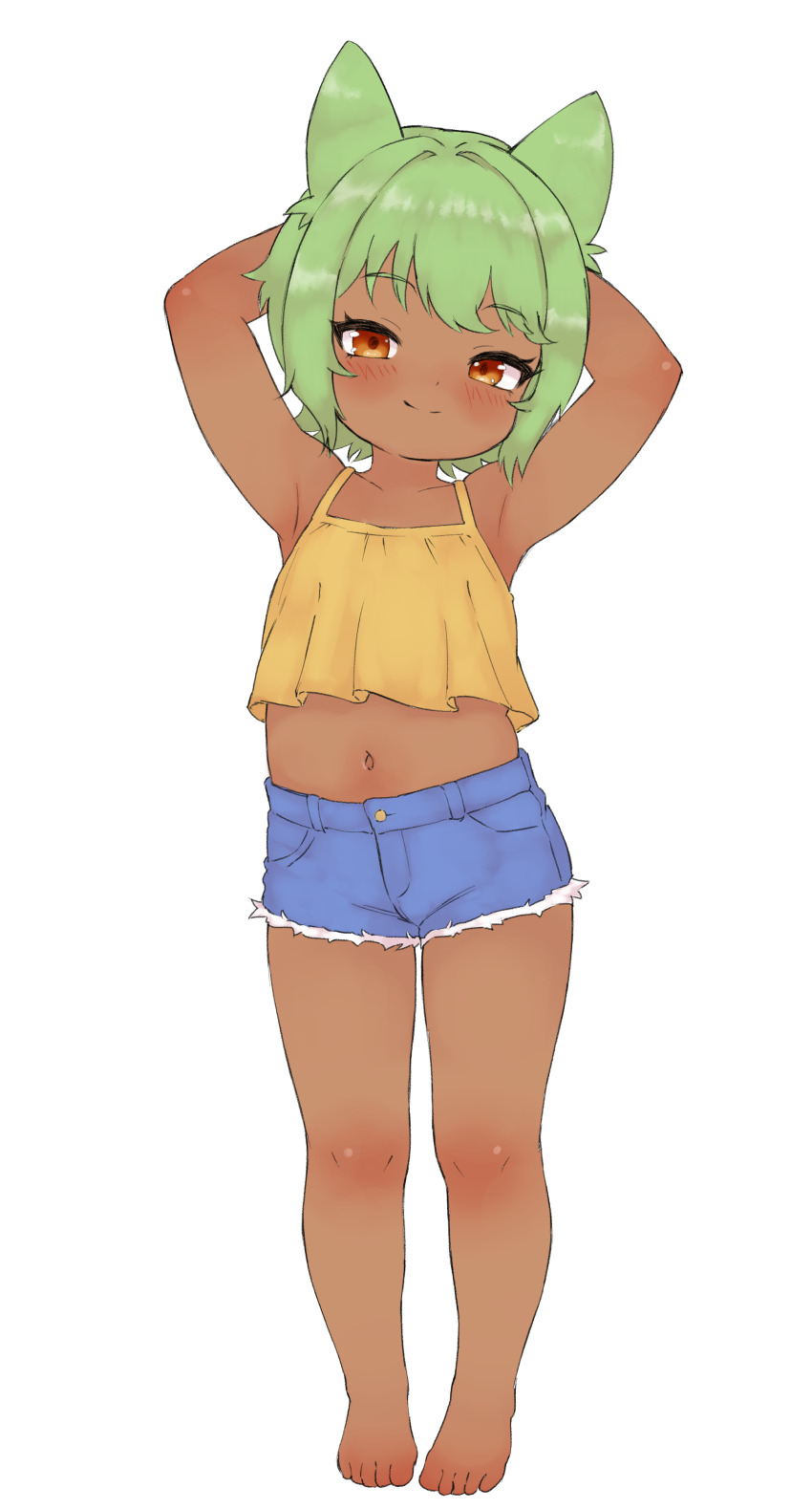 1girl absurdres armpits arms_up barefoot commentary_request dark-skinned_female dark_skin denim denim_shorts full_body fumotaru green_hair highres navel original shorts simple_background smile solo white_background