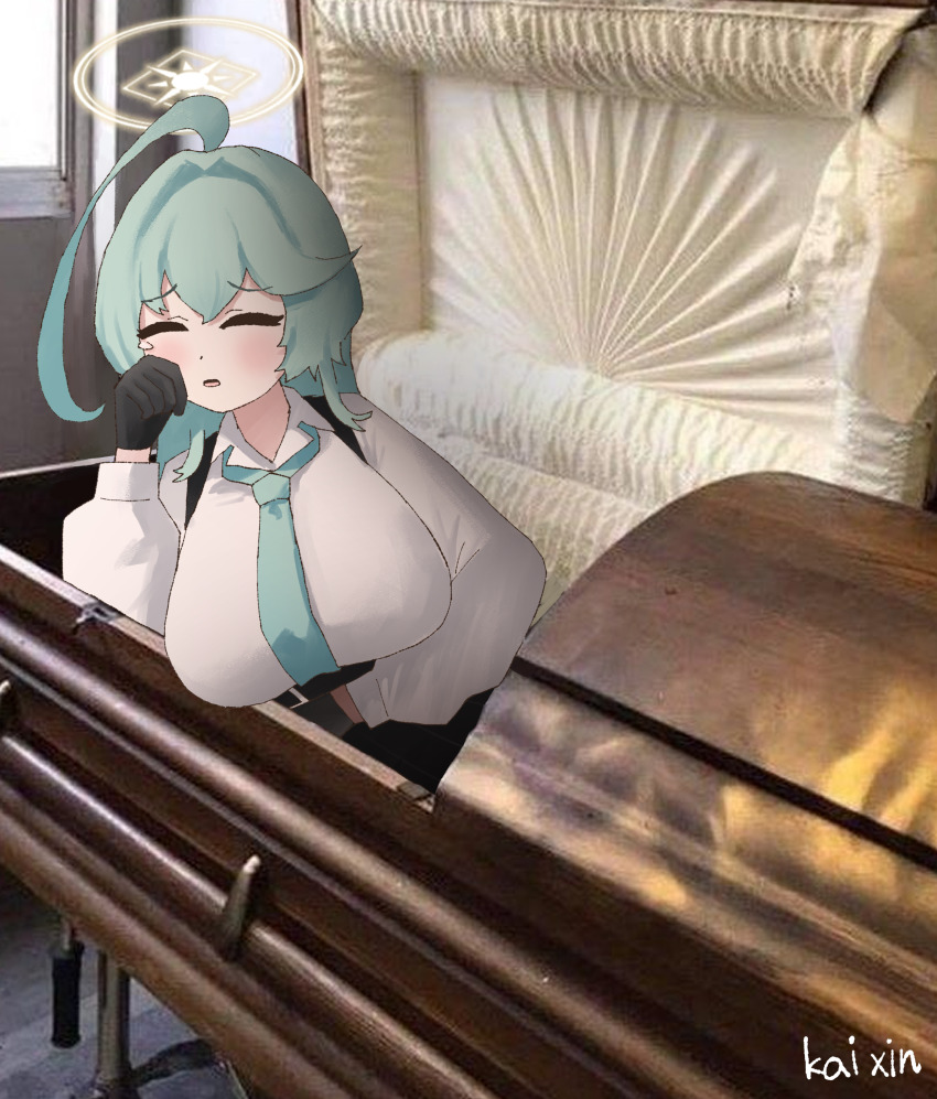 1girl absurdres ahoge aqua_hair aqua_necktie blue_archive breasts closed_eyes coffin collared_shirt commentary dress_shirt halo highres huge_ahoge kai_xin large_breasts long_hair long_sleeves necktie open_mouth photo_background shirt white_shirt yellow_halo yume_(blue_archive)