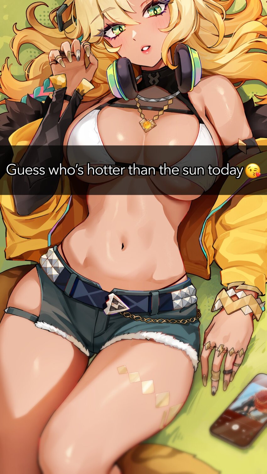 1girl absurdres adapted_costume bare_shoulders bikini bikini_top_only blonde_hair breasts cellphone cellphone_photo dark_skin denim denim_shorts foxyreine genshin_impact green_eyes hair_between_eyes headphones headphones_around_neck highres jaguar_tail jewelry large_breasts long_hair looking_at_viewer mavuika_(genshin_impact) multicolored_hair multiple_girls nail_polish open_mouth phone red_hair shorts swimsuit tail thighs xilonen_(genshin_impact)