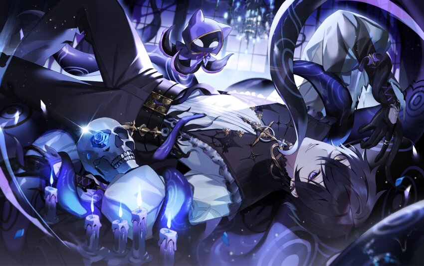 1boy belt black_belt black_gloves black_hair black_pants blue_flower blue_rose brooch candle chandelier clothing_cutout commentary creature cross-laced_clothes cross-laced_gloves cross_brooch crossed_bangs dress_shirt earrings english_commentary falling_petals feet_out_of_frame flower frilled_shirt_collar frills glove_cutout gloves hair_between_eyes hand_up heterochromia highres hp_(3000x4500) indie_virtual_youtuber indoors jewelry light_particles long_sleeves looking_at_viewer lying male_focus muntins night official_alternate_costume official_art on_back pants petals print_shirt puffy_long_sleeves puffy_sleeves puritan_collar purple_eyes rose shirt shirt_tucked_in short_hair shoto_(vtuber) sideways_glance skull smile snake_earrings solo tentacles virtual_youtuber window yellow_eyes