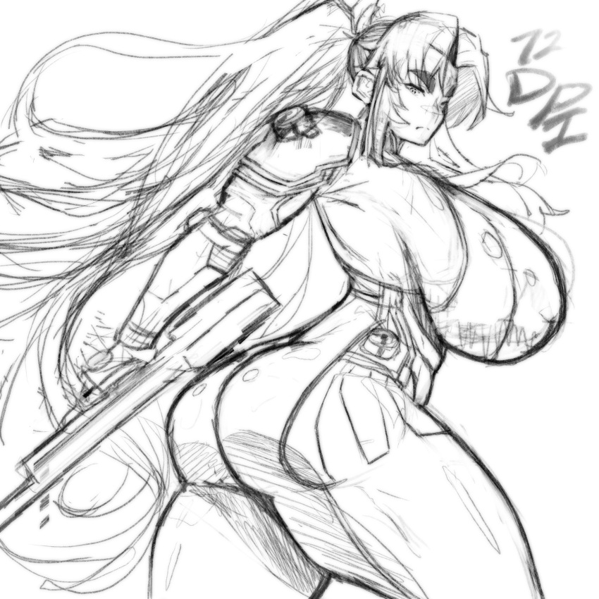 1girl absurdres action_taimanin ass assault_rifle assault_shooter breasts bullpup gun highres holding holding_weapon huge_breasts leotard mirabell_bell monochrome revealing_clothes rifle sagging_breasts sideboob taimanin_(series) thong_leotard tonyfarronhart weapon