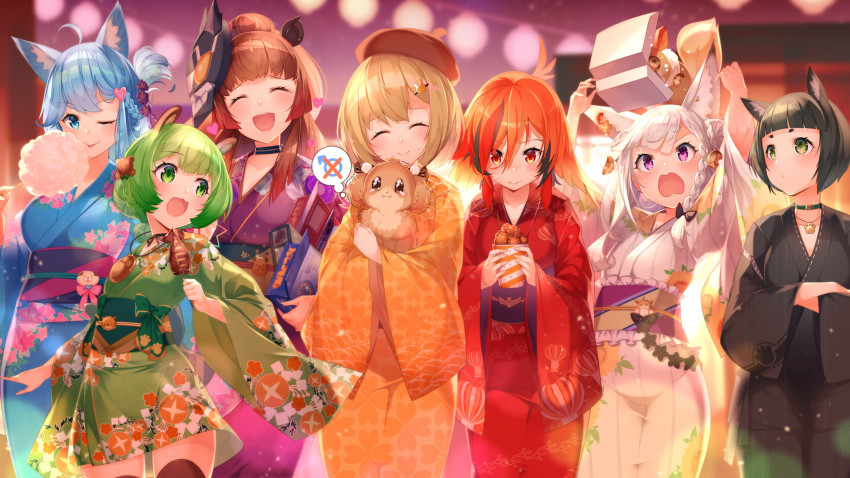 6+girls animal animal_ear_fluff animal_ears animal_on_head animare bear_ears bear_hair_ornament beret black_hair black_legwear blonde_hair blue_eyes blue_hair blunt_bangs blush braid brown_hair capybara_ears choker closed_eyes cotton_candy dog_ears festival food fox_ears green_eyes green_hair haibara_akane hair_between_eyes hair_ornament hat highres hinokuma_ran holding holding_cotton_candy holding_food inaba_haneru_(animare) japanese_clothes kazami_kuku kimono kokka_han long_hair mask mask_on_head multicolored_hair multiple_girls nanashi_inc. obi on_head one_eye_closed open_mouth purple_eyes red_eyes red_hair sash shiromiya_mimi short_hair short_kimono short_yukata side_braid smile souya_ichika streaked_hair thighhighs virtual_youtuber white_hair yukata yunohara_izumi