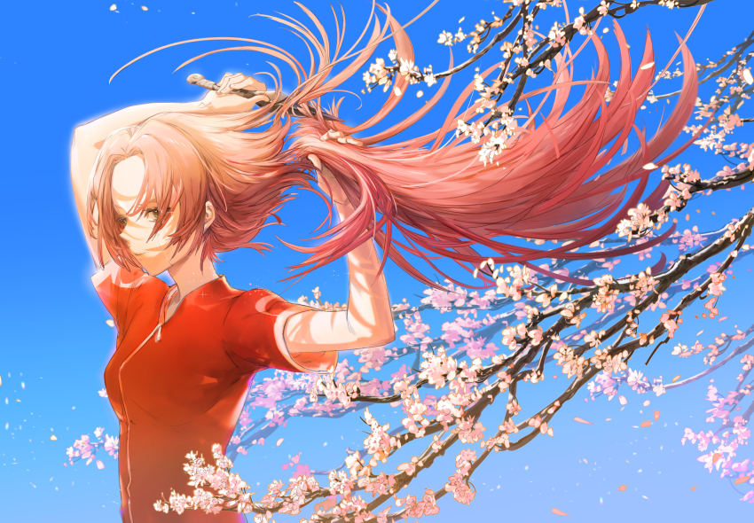 1girl absurdres ashorz blue_background blue_sky branch breasts cherry_blossoms clear_sky crying cutting_hair cutting_own_hair dappled_sunlight day detached_hair floating_hair from_side hands_up haruno_sakura highres holding holding_own_hair holding_weapon kunai long_hair looking_at_viewer medium_breasts naruto_(classic) naruto_(series) nature parted_bangs petals pink_hair scene_reference short_hair short_sleeves sky solo sunlight upper_body weapon