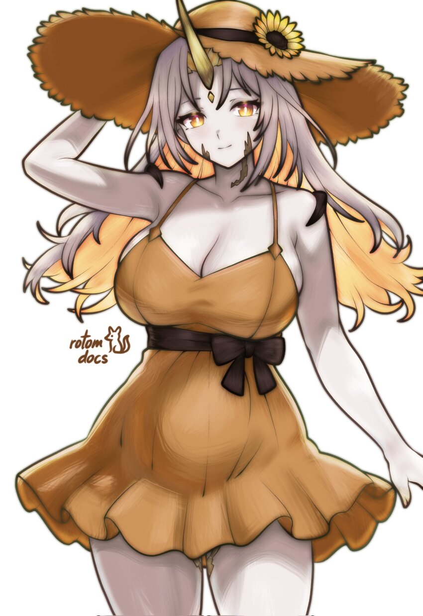 1girl alternate_costume artist_name breasts cleavage fire_emblem fire_emblem_heroes flower gullveig_(fire_emblem) hat hat_flower highres large_breasts long_hair looking_at_viewer nintendo rotomdocs simple_background skindentation solo sun_hat sunflower thighs white_background yellow_eyes