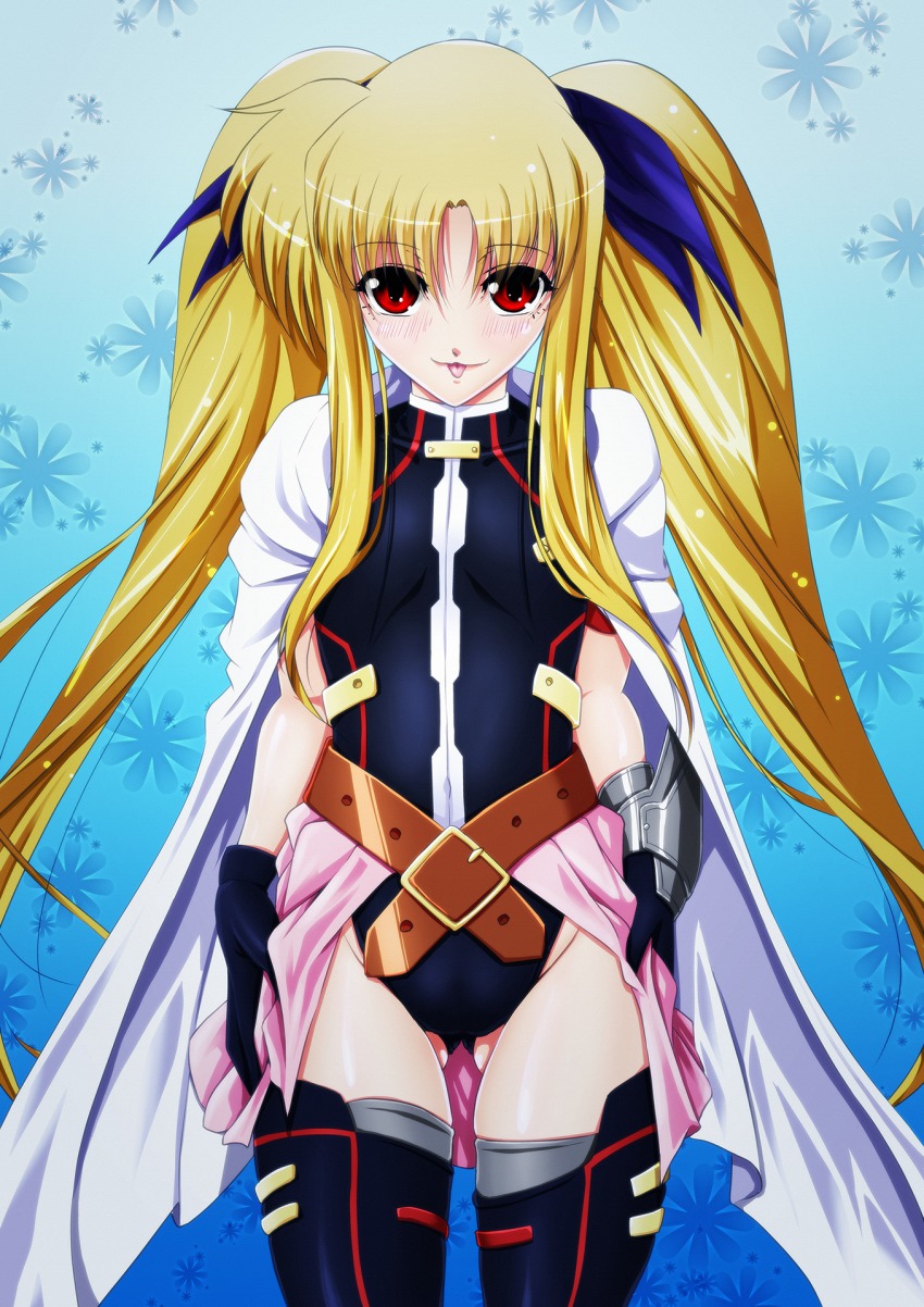 1girl :3 :p blonde_hair cape fate_testarossa fate_testarossa_(blaze_form) fate_testarossa_(lightning_form)_(2nd) female_focus gloves highres leotard lyrical_nanoha magical_girl mahou_shoujo_lyrical_nanoha mahou_shoujo_lyrical_nanoha_a&#039;s mahou_shoujo_lyrical_nanoha_the_movie_2nd_a&#039;s red_eyes solo tappa_(esperanza) thighhighs tongue tongue_out twintails