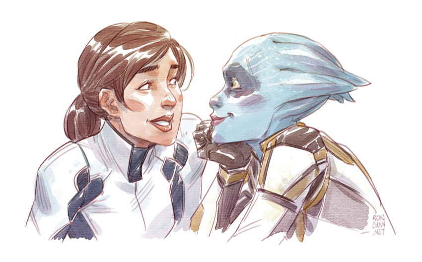 2girls alien asari_(mass_effect) blue_skin brown_hair colored_skin head_rest lipstick makeup mass_effect:_andromeda mass_effect_(series) mass_effect_1 multiple_girls pelessaria_b&#039;sayle ponytail ron_chan sara_ryder simple_background upper_body white_background yuri