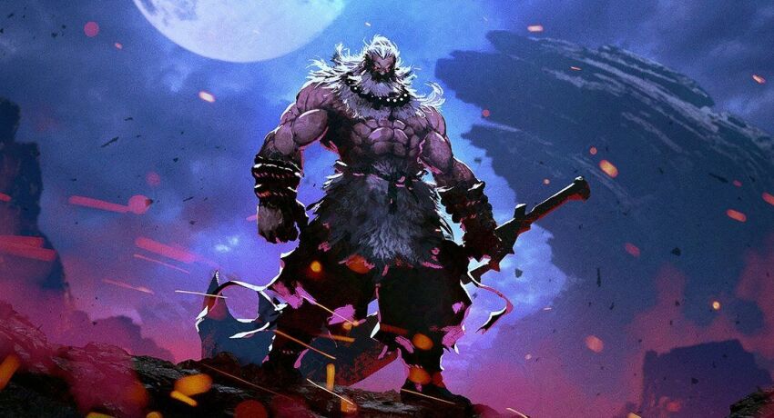 akuma_(street_fighter) baggy_pants beads beard belt capcom cloud cosme_lucero_(aeflus) crossover facial_hair monster_hunter_(series) monster_hunter_wilds moon muscular night pants prayer_beads rock rope serious standing street_fighter street_fighter_6 sword weapon white_hair