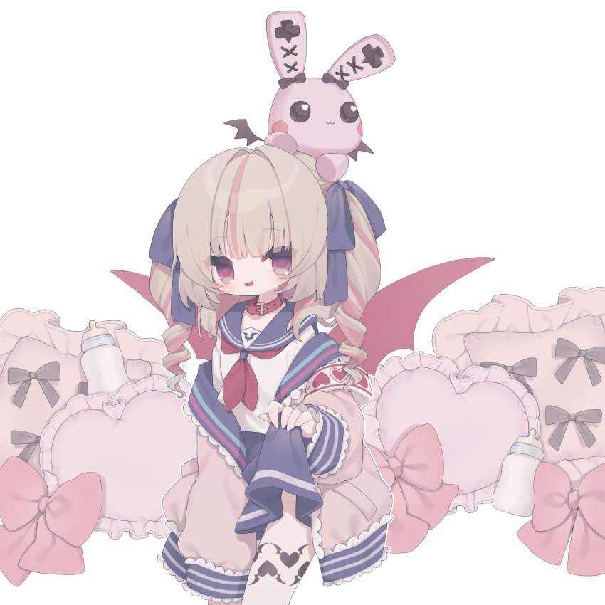 1girl absurdres armband baby_bottle belt_collar black_ribbon blue_ribbon blue_sailor_collar blue_skirt blunt_bangs blush bottle collar colored_inner_hair cowboy_shot cushion demon_wings drill_hair grey_hair hair_intakes hair_ribbon heart highres jacket kuma_kubo3 leg_tattoo long_hair looking_at_viewer makaino_ririmu makaino_ririmu_(4th_costume) miniskirt multicolored_hair neckerchief nijisanji off_shoulder open_clothes open_jacket parted_lips pink_hair pink_jacket pink_ribbon pleated_skirt red_collar red_eyes red_neckerchief red_wings ribbon sailor_collar school_uniform serafuku shirt sidelocks simple_background skirt skirt_hold sleeves_past_wrists smile solo streaked_hair stuffed_animal stuffed_rabbit stuffed_toy tattoo two_side_up virtual_youtuber white_background white_shirt winged_heart_tattoo wings