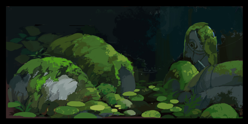 black_border border commentary dark dark_background dim_lighting english_commentary floating forest green_theme leaf lily_pad monochrome moss nature night no_humans original outdoors plant rock scenery statue victoria_joh water