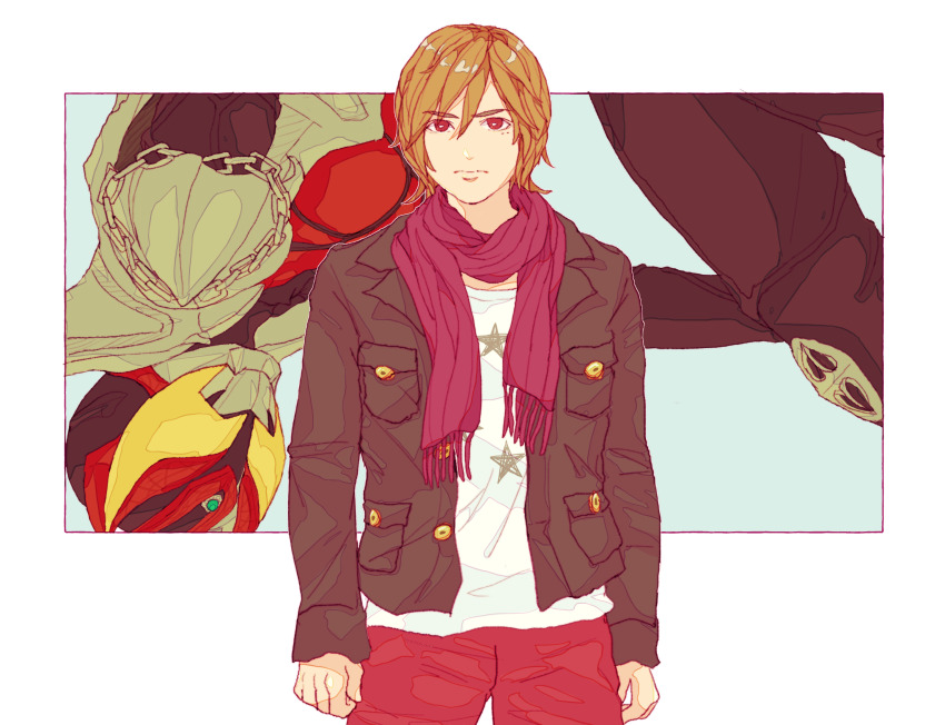 1boy black_jacket brown_hair highres jacket kamen_rider kamen_rider_kiva kamen_rider_kiva_(series) kano_kiva63 kurenai_wataru pants red_eyes red_pants scarf shirt white_background white_shirt