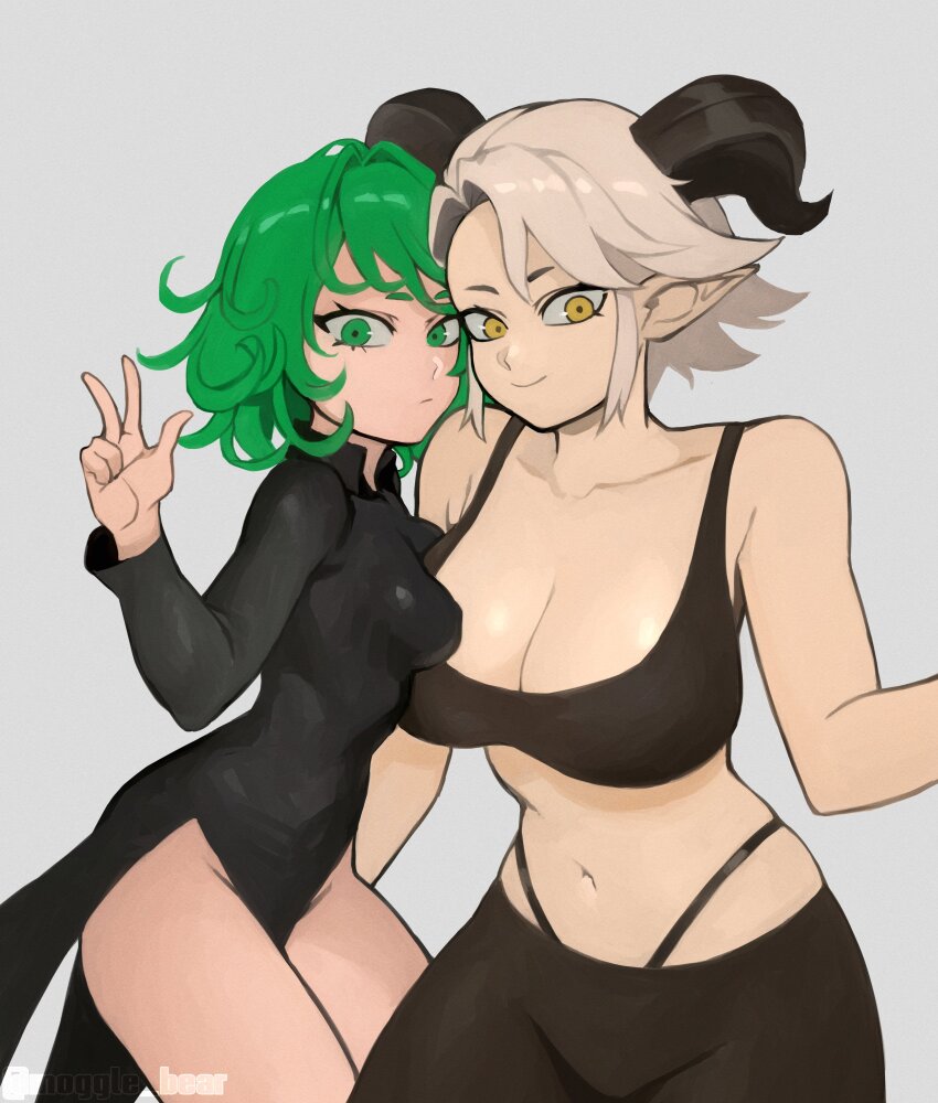 2girls absurdres asymmetrical_docking black_bra black_horns black_pants borrowed_character bra breast_press breasts cleavage collarbone collared_dress cowboy_shot demon_girl demon_horns dress female_focus green_eyes green_hair grey_background highres horns large_breasts long_sleeves mogglebear multiple_girls navel one-punch_man pants pointy_ears short_hair sideboob simple_background small_breasts tatsumaki thighs underwear v yellow_eyes