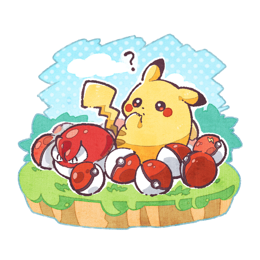 ? black_eyes border bright_pupils cloud commentary_request confused full_body game_freak gen_1_pokemon imomushi_(pixiv_9001433) nintendo no_humans pikachu poke_ball poke_ball_(basic) pokemon pokemon_(creature) voltorb white_border white_pupils