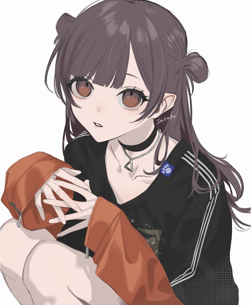 1girl absurdres artist_name black_choker black_shirt brown_hair choker collarbone double_bun feet_out_of_frame hair_bun highres jewelry knees_up layered_sleeves long_hair long_sleeves looking_at_viewer necklace orange_eyes orange_shirt own_hands_together pointy_ears project_sekai sa_tsuko shinonome_ena shirt short_over_long_sleeves short_sleeves simple_background sitting sleeves_past_wrists solo triangle_necklace triple_vertical_stripe white_background