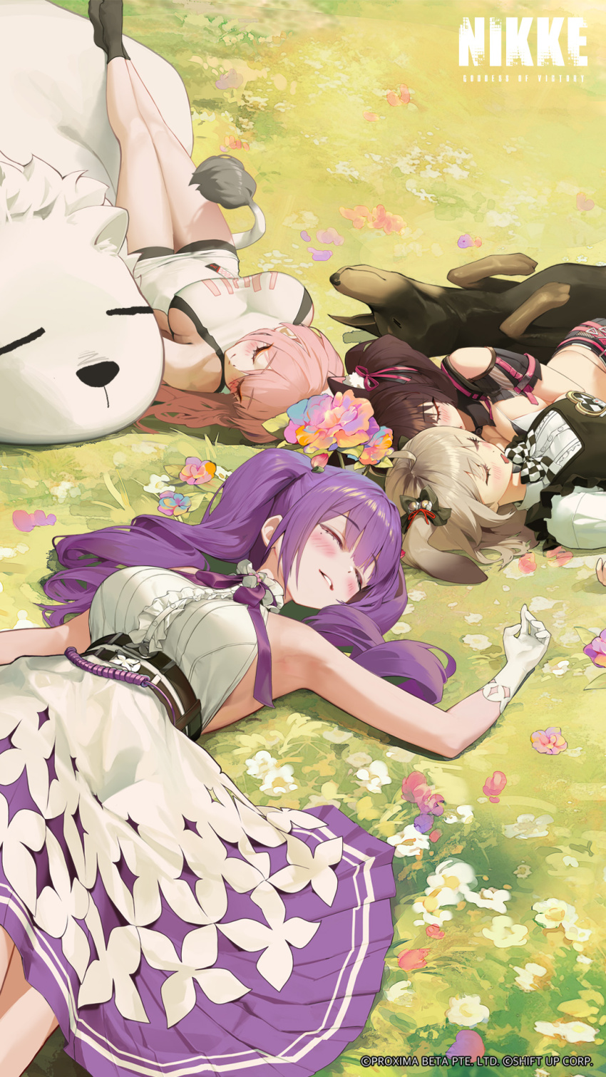 4girls animal animal_ears biscuit_(nikke) cat_ears cat_girl closed_mouth commentary day dobermann dog_ears dog_girl dress english_commentary flora_(nikke) flower goddess_of_victory:_nikke highres leona_(nikke) lion lion_ears lion_girl long_hair long_sleeves lying max_(nikke) multiple_girls nero_(nikke) official_art on_grass on_ground on_side outdoors pink_hair purple_hair second-party_source sleeping sleeveless sleeveless_dress smile timi_(nikke) white_dress