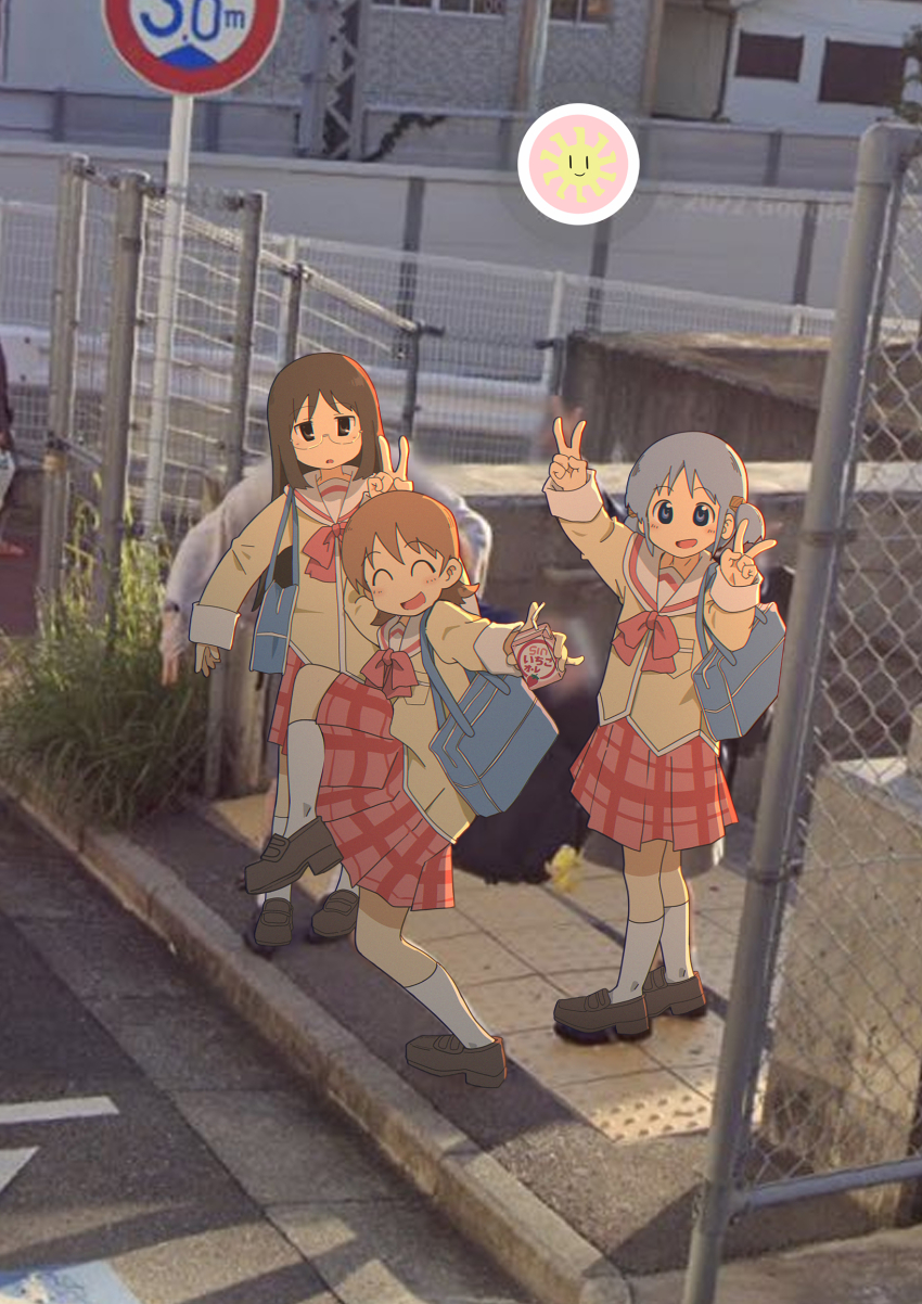 3girls aioi_yuuko bag black_eyes black_hair black_shoes blue_eyes blue_hair blush brown_hair closed_eyes day duffel_bag high_school_girls_posing_for_google_street_view_(meme) highres leg_up long_hair long_sleeves looking_at_viewer meme minakami_mai multiple_girls naganohara_mio nichijou open_mouth outdoors photo_background pleated_skirt red_skirt school_uniform shoes short_hair short_twintails sin. skirt smile socks standing tokisadame_school_uniform twintails white_socks