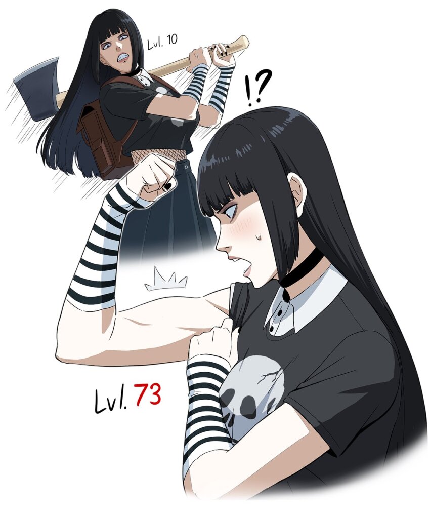 1girl axe backpack bag blunt_bangs blythe_(francisco_mon) collared_shirt eyeshadow francisco_mon highres long_hair makeup muscular_arms original pleated_skirt shirt short_sleeves simple_background skirt solo striped_arm_warmers surprised toned toned_female