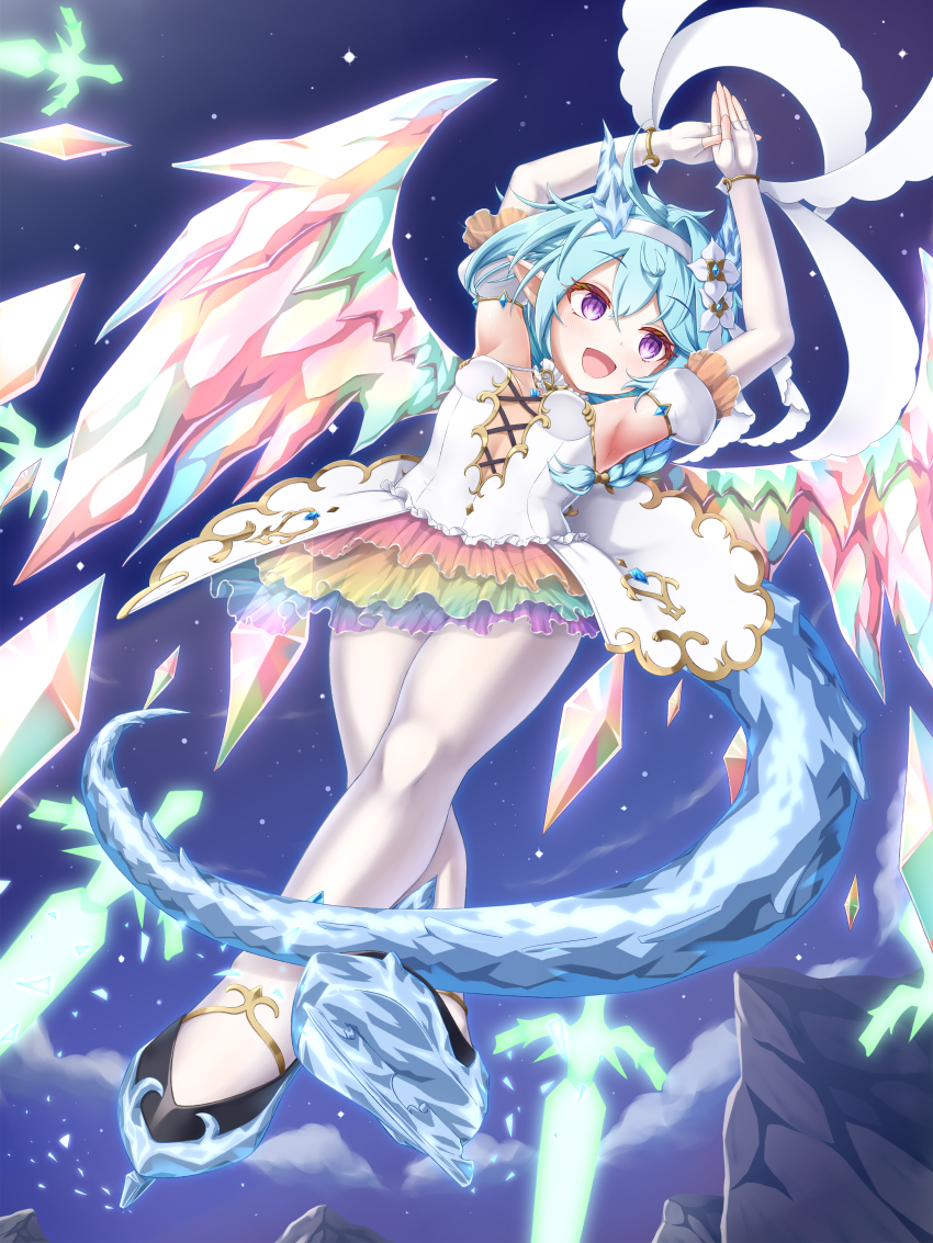 1girl absurdres armpits arms_up black_footwear blue_hair blue_horns bracelet braid bridal_gauntlets cross-laced_clothes cross-laced_dress crystal_horns crystal_tail crystal_wings dragon_girl dragon_horns dragon_wings fingerless_gloves floating floating_object floating_sword floating_weapon flower from_below full_body gloves gold_bracelet gplnbeat hair_between_eyes hair_flower hair_ornament hairband highres horns ice_skates jewelry leotard light_blue_hair looking_to_the_side night night_sky open_mouth pantyhose pointy_ears princess_connect! purple_eyes rainbow_skirt see-through_clothes see-through_skirt sheffy_(princess)_(princess_connect!) sheffy_(princess_connect!) skates skirt sky smile solo star_(sky) sword weapon white_flower white_hairband white_leotard white_pantyhose wings