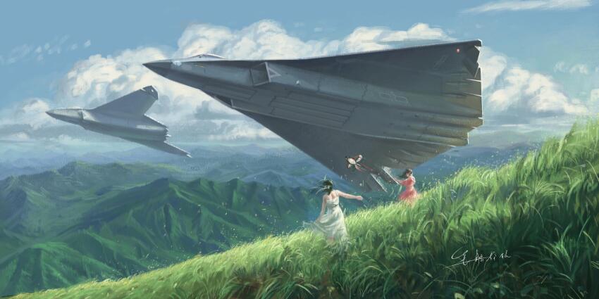 2girls aircraft airplane black_hair blue_sky chengdu_j-36 cloud dress fighter_jet grass highres kite kite_flying military_vehicle mountainous_horizon multiple_girls original people&#039;s_liberation_army people&#039;s_liberation_army_air_force red_dress shenyang_j-50 shouhui_lang_qun signature sky vehicle_focus white_dress