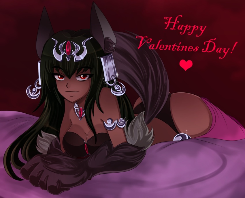 1girl adeline_leona ancient_egyptian ancient_egyptian_clothes animal_ear_fluff animal_ears animal_hands anubis_(monster_girl_encyclopedia) ass ass_cutout bed bed_sheet bra breasts claws cleavage clothing_cutout corruption dark-skinned_female dark_demon_realm_(monster_girl_encyclopedia) dark_skin demon_realm_(monster_girl_encyclopedia) diadem dog_ears dog_paws dog_tail female_focus harem_outfit harem_pants jackal_claws jackal_ears jackal_paws jackal_tail jewelry long_hair monster_girl monster_girl_encyclopedia moon navel night panties pants red_eyes red_sky revealing_clothes see-through_clothes see-through_legwear silver sky smile solo tail tiara underwear valentine wolf_paws