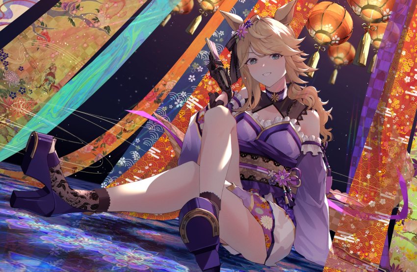 1girl blonde_hair blue_eyes crossed_legs detached_sleeves flower gloves gold_city_(akizakura_danzatrice)_(umamusume) gold_city_(umamusume) hair_flower hair_ornament hand_fan high_heels highres horse_girl horseshoe japanese_clothes kamikura_(kamikuralagu) kimono lace lace_gloves lantern night obi sash soles toeless_footwear umamusume