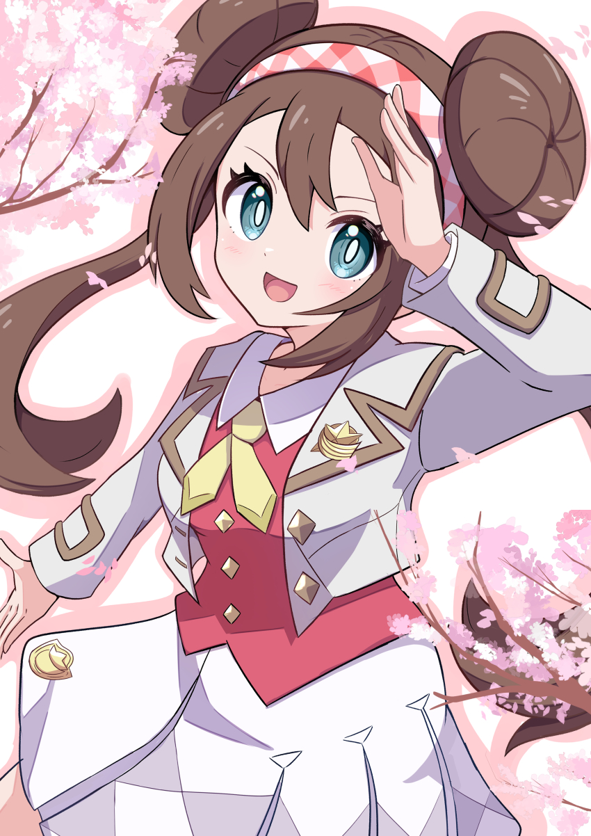 1girl :d absurdres aqua_eyes arm_up bright_pupils brown_hair collared_shirt commentary_request double_bun eyelashes falling_petals grey_jacket hair_bun hairband happy highres jacket long_hair long_sleeves looking_at_viewer nintendo official_alternate_costume open_clothes open_jacket open_mouth petals pokemon pokemon_masters_ex red_vest rono_(lethys) rosa_(academy)_(pokemon) rosa_(pokemon) shirt sidelocks skirt smile solo tongue twintails vest white_pupils white_shirt white_skirt