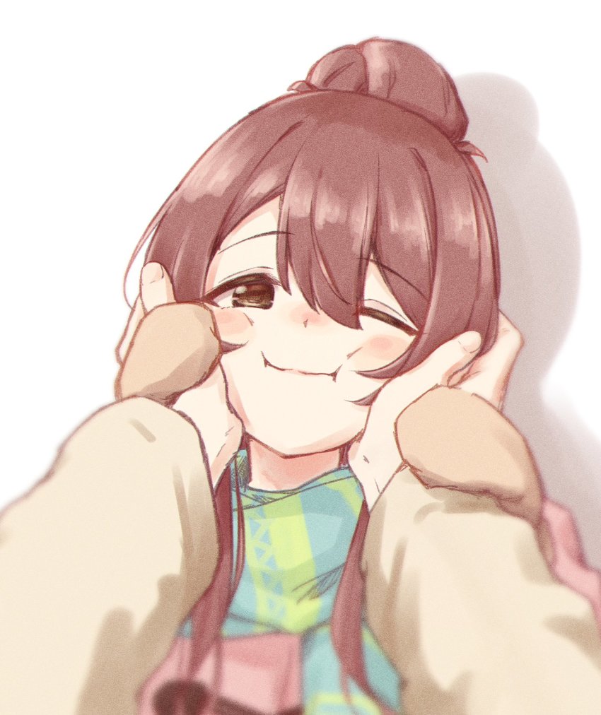 beige_coat blush brown_eyes brown_hair coat hair_bun hands_on_cheeks highres idolmaster idolmaster_shiny_colors jvgt14 mittens osaki_tenka pink_coat puffy_cheeks scarf shadow single_hair_bun smile swept_bangs white_background winter_clothes winter_coat