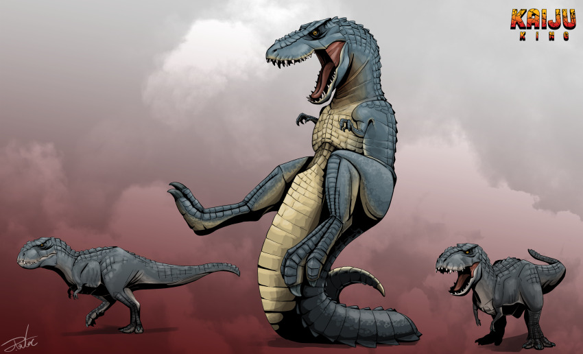 absurdres alternate_universe animal_focus artist_name balancing_on_tail closed_mouth commentary crossover destroy_all_monsters dinosaur english_text from_side giant giant_monster godzilla_(series) gorosaurus gugenheim98 highres kaiju kicking king_kong_(2005) king_kong_(series) king_kong_escapes large_tail monster multiple_crossover no_humans nostrils open_mouth orange_eyes rankin/bass_animated_entertainment redesign scales sharp_teeth simple_background size_difference tail teeth toho universal_studios vastatosaurus_rex