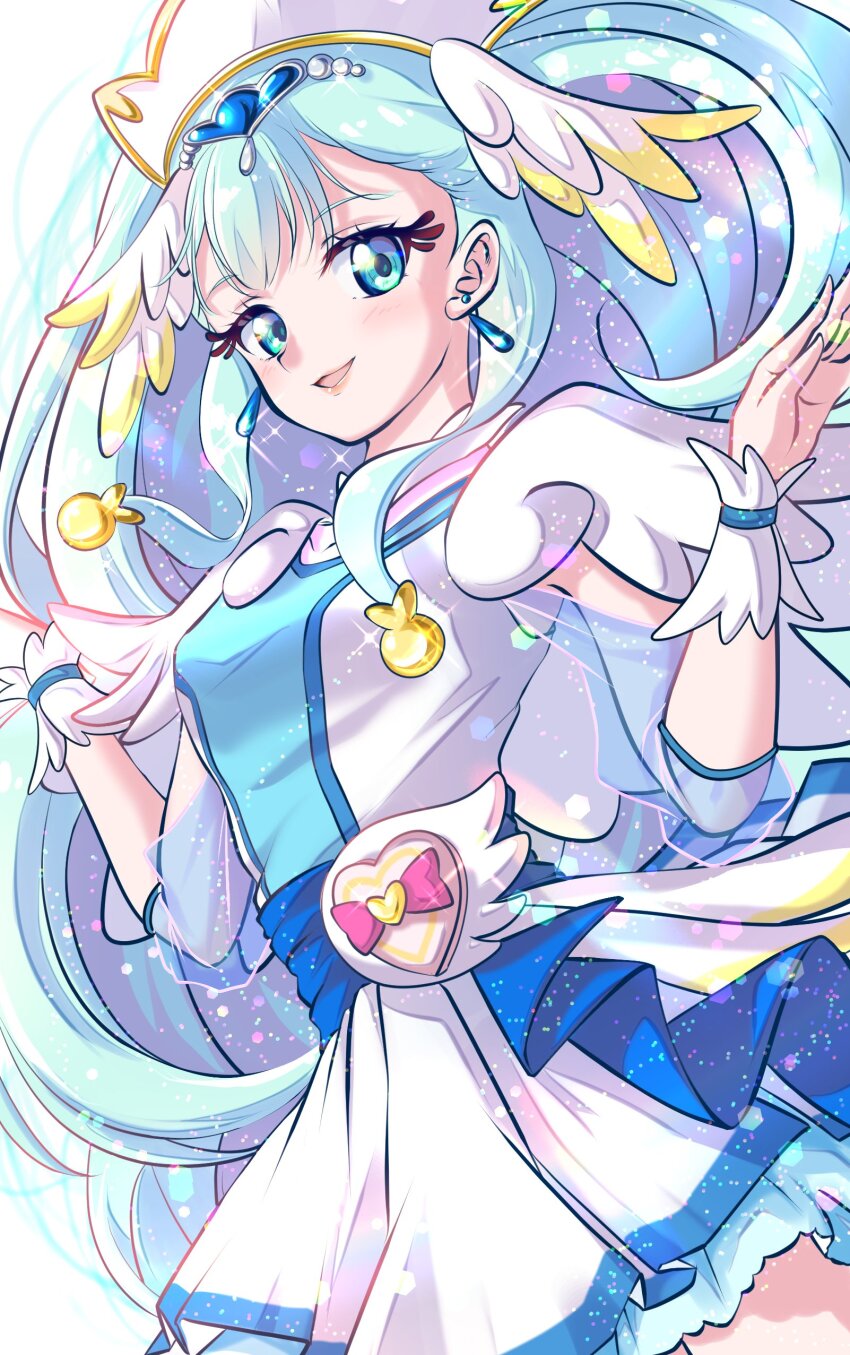 1girl absurdres blue_eyes blue_hair blush breasts cure_ange dress earrings hair_ornament hat heart heart_pouch highres hugtto!_precure jewelry kakikakilemon long_hair looking_at_viewer magical_girl nurse_cap precure see-through_clothes skirt smile solo very_long_hair wrist_cuffs yakushiji_saaya