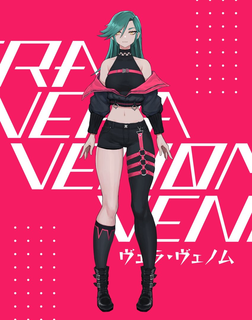 1girl ankle_belt aqua_hair arms_at_sides asymmetrical_pants bare_shoulders belt belt_buckle black_belt black_boots black_jacket black_pants black_shirt black_shorts black_socks blue_hair boots breasts buckle character_name chest_belt commentary crop_top cropped_jacket dot_nose english_commentary eyebrows_hidden_by_hair full_body green_hair hair_between_eyes hair_over_one_eye half-closed_eyes highres indie_virtual_youtuber jacket kneehighs large_breasts light_smile long_eyelashes long_hair long_legs long_sleeves midriff narrowed_eyes navel off_shoulder pants parted_bangs partially_open_jacket partially_unzipped pink_background pink_belt pink_jacket puffy_long_sleeves puffy_sleeves shirt short_shorts shorts sidelocks single_kneehigh single_sock sleeveless sleeveless_turtleneck slit_pupils smile snap-fit_buckle socks solo standing text_background thick_eyelashes thigh_belt thigh_strap thighs tight_clothes tight_pants turtleneck two-sided_fabric two-sided_jacket vertigris yellow_eyes