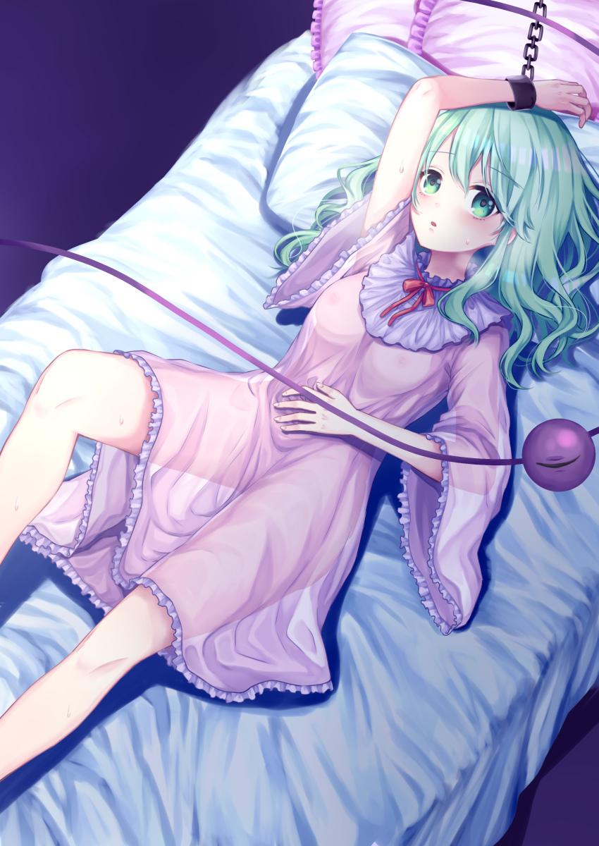 1girl absurdres alternate_costume blush chained_wrists commentary_request curly_hair female_focus green_eyes green_hair highres knee_up komeiji_koishi lingerie long_hair lying negligee nipples on_back on_bed pink_negligee restrained rnkgmn see-through_clothes solo third_eye touhou underwear wide_sleeves