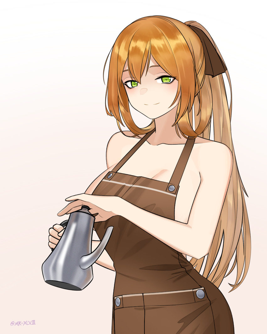 1girl absurdres apron artist_name breasts brown_apron brown_ribbon chinese_commentary closed_mouth commentary_request girls&#039;_frontline girls&#039;_frontline_2:_exilium green_eyes hair_ribbon highres holding holding_kettle kettle long_hair looking_at_viewer mk_xlviii naked_apron orange_hair ribbon simple_background smile solo springfield_(girls&#039;_frontline) upper_body white_background
