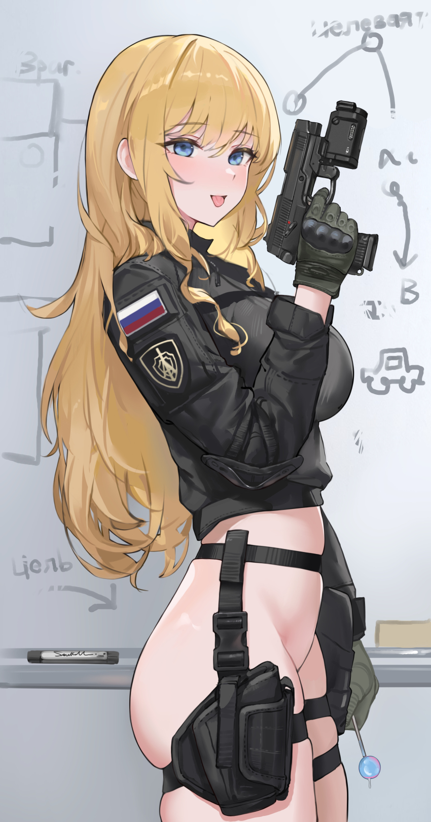1girl absurdres ass black_gloves black_jacket blonde_hair blue_eyes blush bottomless breasts candy food fsb gloves gun handgun highres holding holding_candy holding_food holding_gun holding_lollipop holding_weapon holster jacket large_breasts lollipop long_hair looking_at_viewer looking_to_the_side marker mp-443_grach no_panties original russian_flag sawkm skindentation smile solo tactical_clothes thigh_holster thigh_strap tongue tongue_out very_long_hair weapon whiteboard