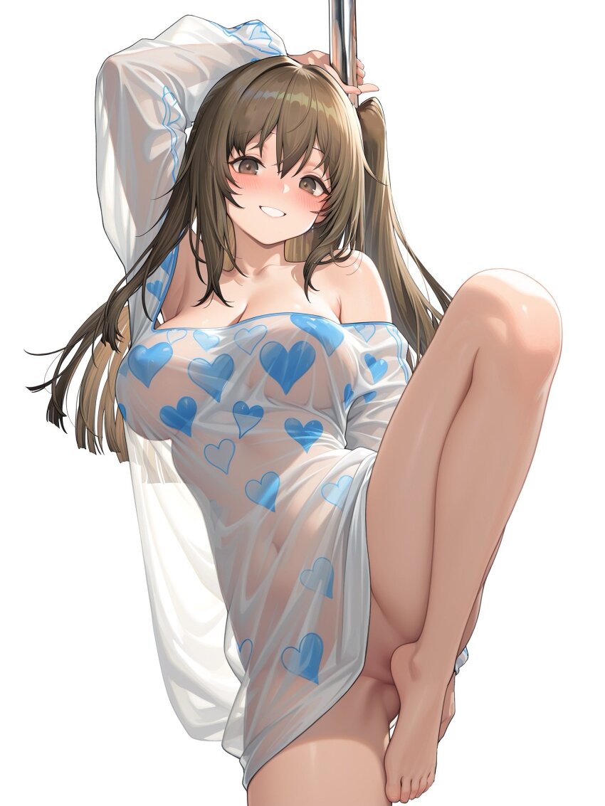 1girl barefoot bottomless breasts brown_eyes brown_hair cosplay covered_erect_nipples covering_crotch covering_privates detached_sleeves gd146 girls&#039;_frontline girls&#039;_frontline_2:_exilium heart heart_print highres k2_(girls&#039;_frontline) large_breasts leg_up long_hair looking_at_viewer navel no_panties off-shoulder_shirt off_shoulder pa-15_(girls&#039;_frontline) pa-15_(girls&#039;_frontline)_(cosplay) pa-15_(marvelous_yam_pastry)_(girls&#039;_frontline) pole see-through_clothes see-through_shirt shirt side_ponytail smile solo standing standing_on_one_leg white_background yoohee_(girls&#039;_frontline_2)