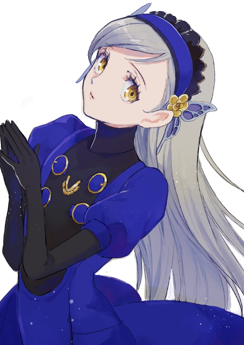 1girl black_gloves blonde_hair blue_dress blue_hairband breasts butterfly_hair_ornament closed_mouth dress elbow_gloves gloves grey_hair hair_ornament hairband highres kanna_nijiniji lavenza_(persona_5) long_hair looking_at_viewer persona persona_5 puffy_sleeves simple_background solo swept_bangs very_long_hair yellow_eyes