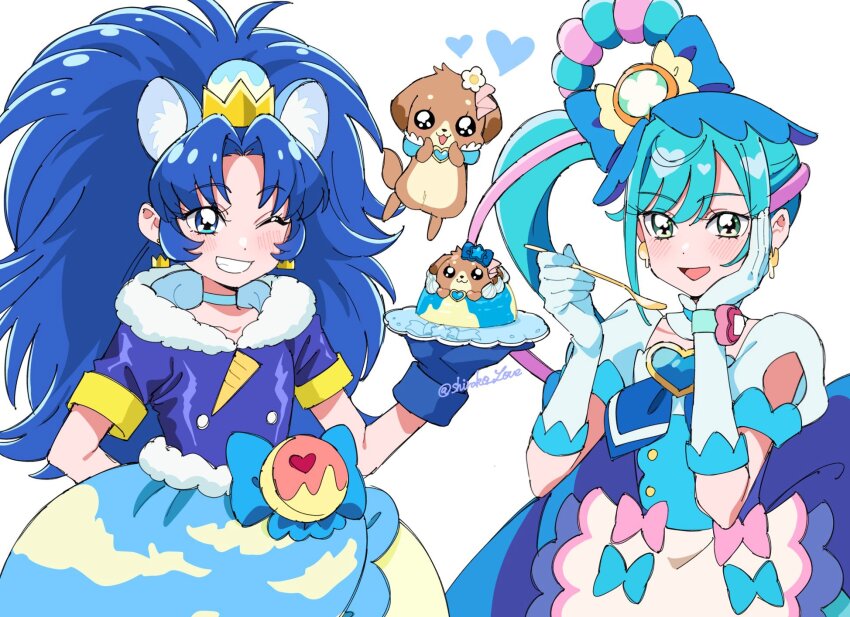 2girls animal_ears apron big_hair blue_bow blue_dress blue_eyes blue_gloves blue_hair blue_skirt bow brooch character-themed_food choker commentary crossover crown cure_gelato cure_spicy delicious_party_precure dress earrings extra_ears food fur_trim fuwa_kokone gloves green_eyes grin hair_bow hair_rings highres holding holding_plate holding_spoon in-franchise_crossover jewelry kirakira_precure_a_la_mode lion_ears lion_girl long_hair magical_girl mascot multicolored_hair multiple_girls one_eye_closed pam-pam pink_hair plate precure pudding puffy_short_sleeves puffy_sleeves shirako_love shirt short_sleeves side_ponytail simple_background skirt smile spoon symbol-only_commentary tategami_aoi two-tone_hair waist_apron white_background