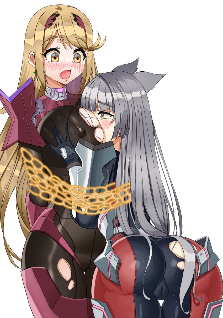 2girls absurdres animal_ears ass between_breasts blush bodysuit bound bound_together breasts breasts_squeezed_together cameltoe cat_ears covered_erect_nipples embarrassed grey_hair head_between_breasts highres huge_breasts i_am_anddo long_hair m_(xenoblade) multiple_girls mythra_(xenoblade) restrained torn_bodysuit torn_clothes xenoblade_chronicles_(series) xenoblade_chronicles_2 xenoblade_chronicles_3 yuri