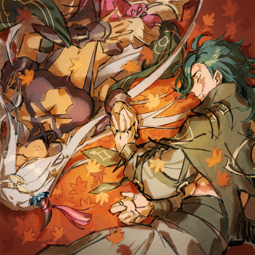 1boy 1girl closed_eyes closed_mouth fire_emblem fire_emblem_engage green_hair griss_(fire_emblem) hahahashagi hair_ornament hair_over_one_eye highres holding_hands horns light_smile long_hair lying nintendo on_ground on_side scar scar_on_face short_hair white_hair zephia_(fire_emblem)