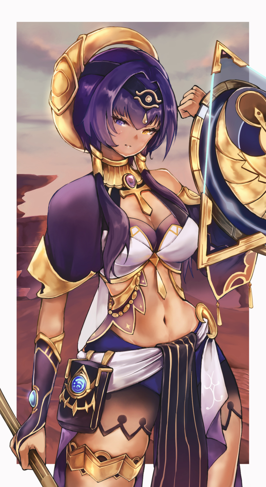 ancient_egyptian ancient_egyptian_clothes ankh blue_eyes blue_hair candace_(genshin_impact) chehg eye_of_horus genshin_impact gold_choker heterochromia highres holding holding_shield jewelry navel neck_ring shield short_hair_with_long_locks yellow_eyes